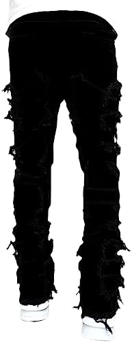 Conshvi Slim Fit Straight Leg Jeans - Distressed Frayed Tassels