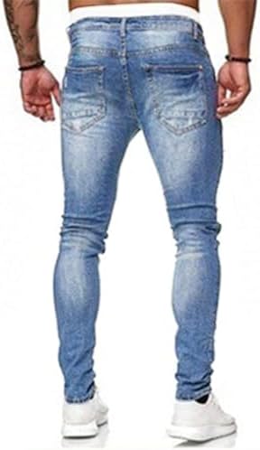 HUNGSON Mens Blue Slim Fit Jeans with Destroyed Distressed Ripped Denim