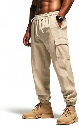 Linen Cargo Pants Elastic Waist Multi-Pockets