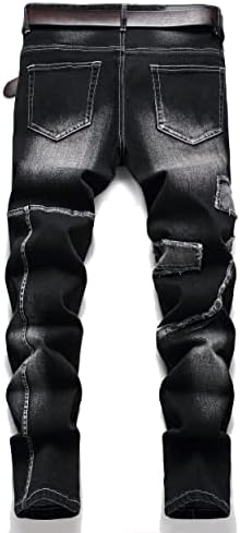 Mens Biker Moto Washed Distressed Slim Fit Straight Jeans