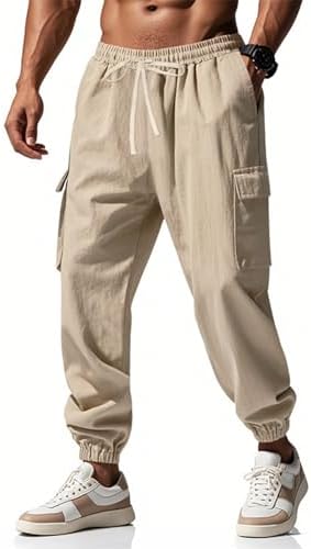 Linen Cargo Pants Elastic Waist Multi-Pockets