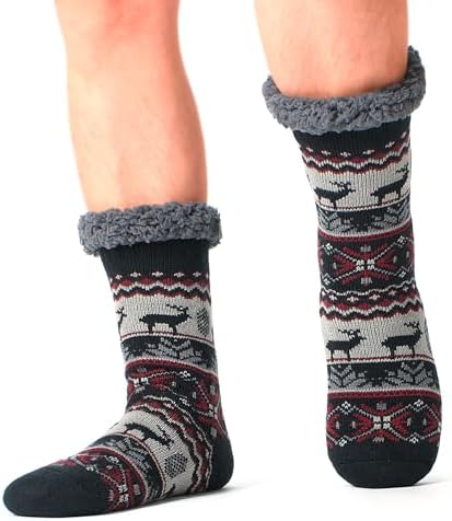Mens Thermal Fuzzy Sherpa Lining Slipper Socks with Non-Slip Grippers