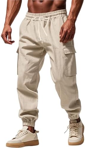 Linen Cargo Pants Elastic Waist Multi-Pockets