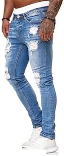 HUNGSON Mens Blue Slim Fit Jeans with Destroyed Distressed Ripped Denim