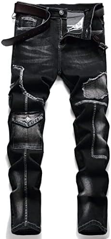 Mens Biker Moto Washed Distressed Slim Fit Straight Jeans