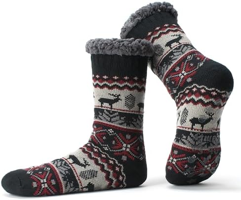 Mens Thermal Fuzzy Sherpa Lining Slipper Socks with Non-Slip Grippers
