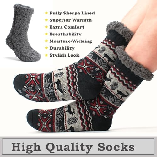 Mens Thermal Fuzzy Sherpa Lining Slipper Socks with Non-Slip Grippers
