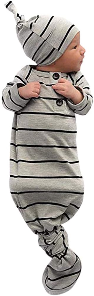 COLOOM Newborn Sleep Gown with Cap - Grey Striped 0-6Months