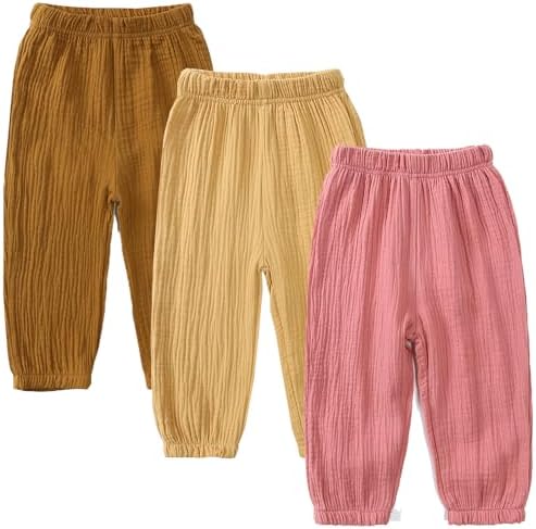 GFQLONG 3-Piece Elastic Waist Linen Pants for Toddler Girls