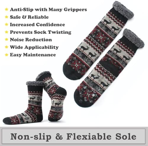 Mens Thermal Fuzzy Sherpa Lining Slipper Socks with Non-Slip Grippers