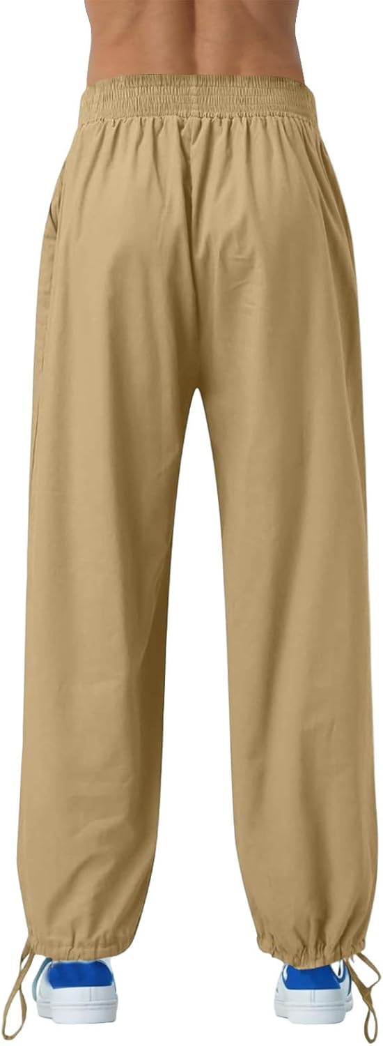 Elastic Waist Cotton Linen Pants Ankle Length Baggy Style