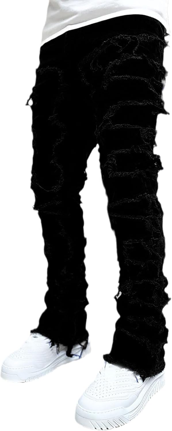 Conshvi Slim Fit Straight Leg Jeans - Distressed Frayed Tassels