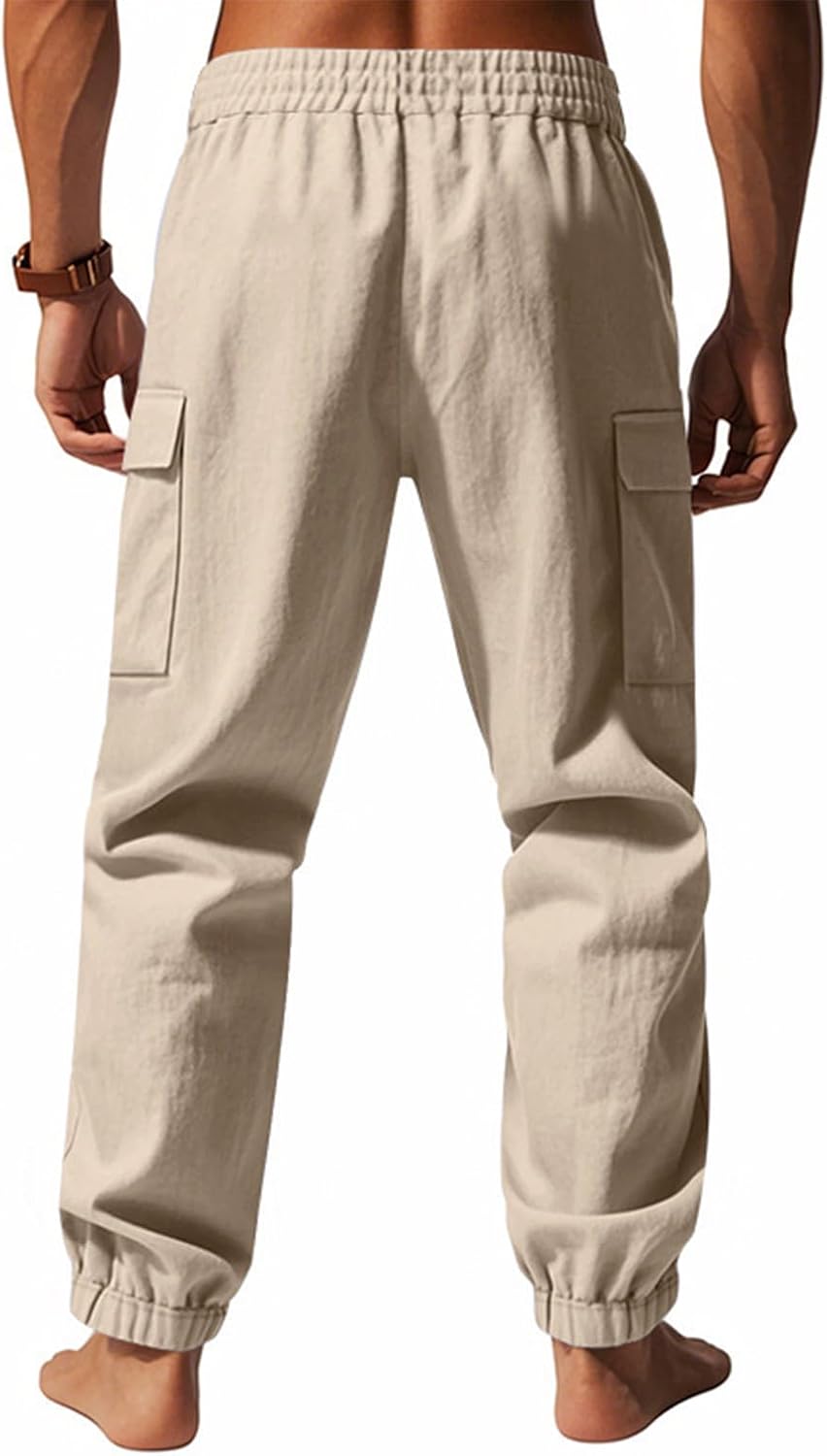 Linen Cargo Pants Elastic Waist Multi-Pockets