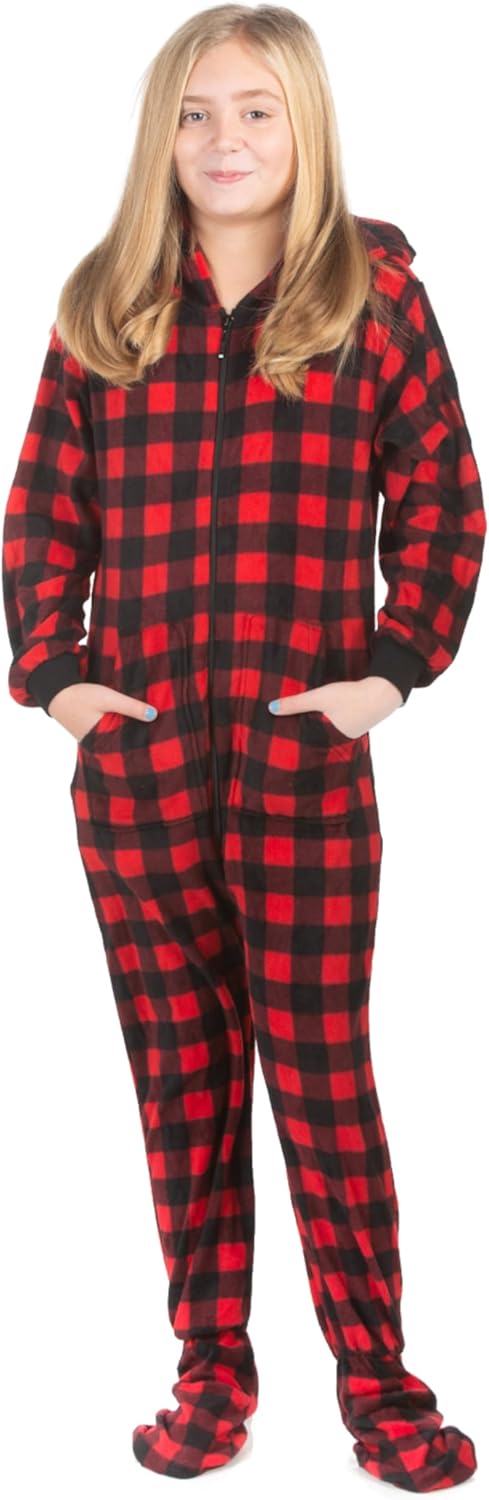 Big Feet Pajama buffalo plaid hoodie onesie for boys and girls