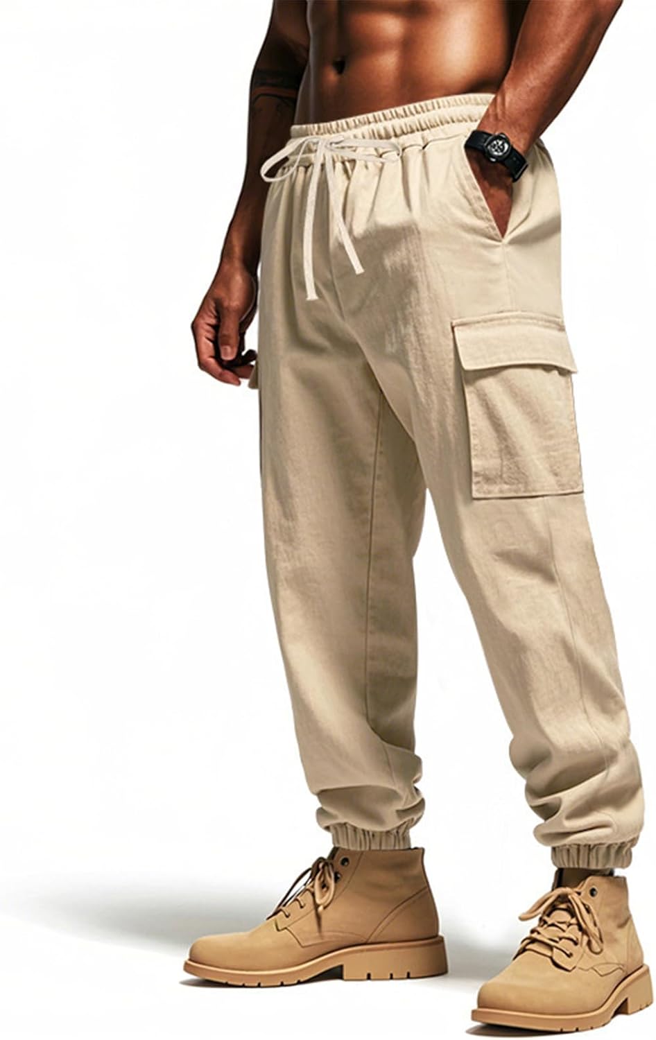 Linen Cargo Pants Elastic Waist Multi-Pockets