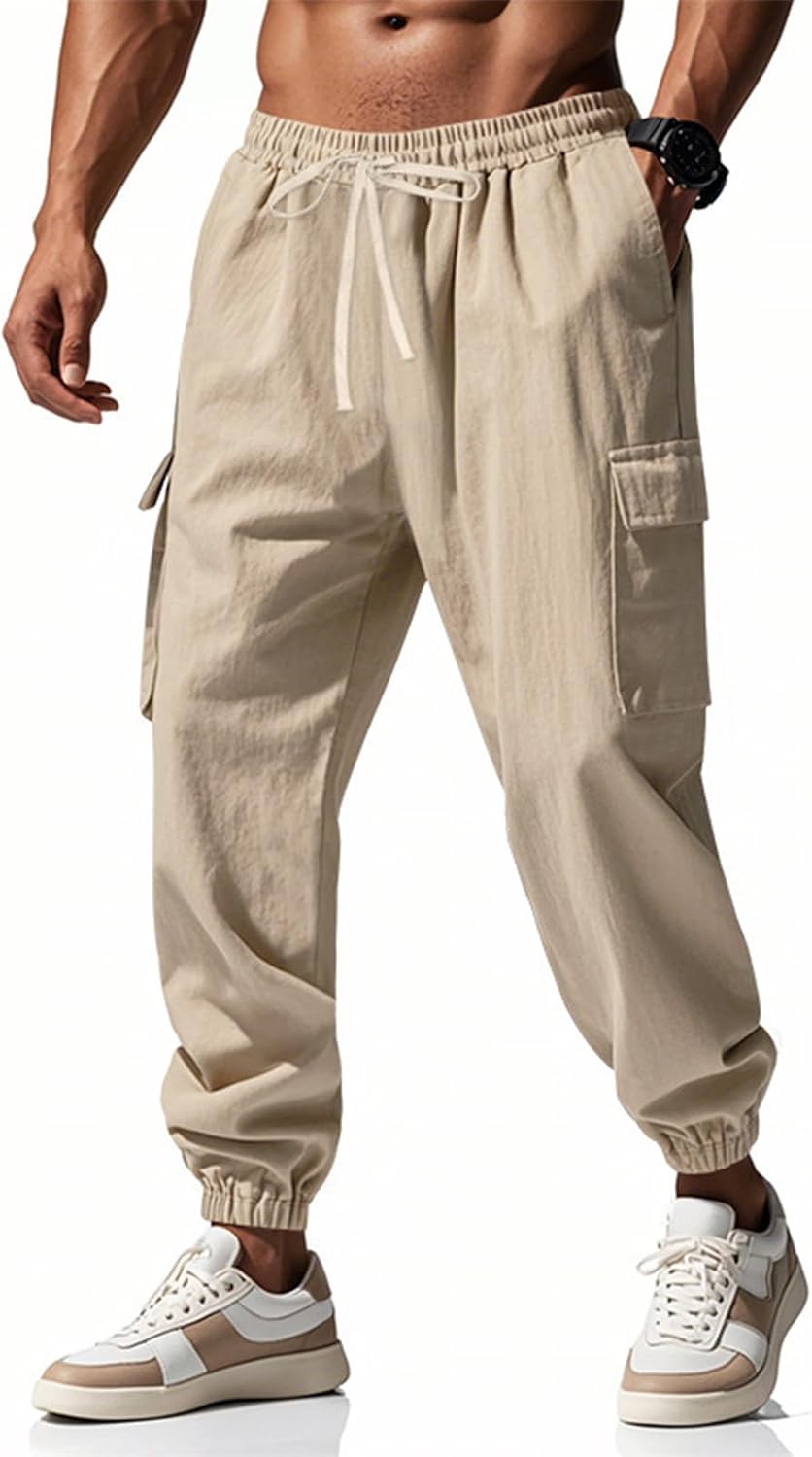 Linen Cargo Pants Elastic Waist Multi-Pockets