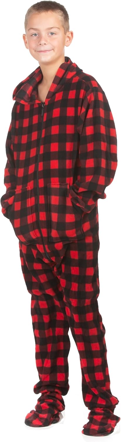 Big Feet Pajama buffalo plaid hoodie onesie for boys and girls