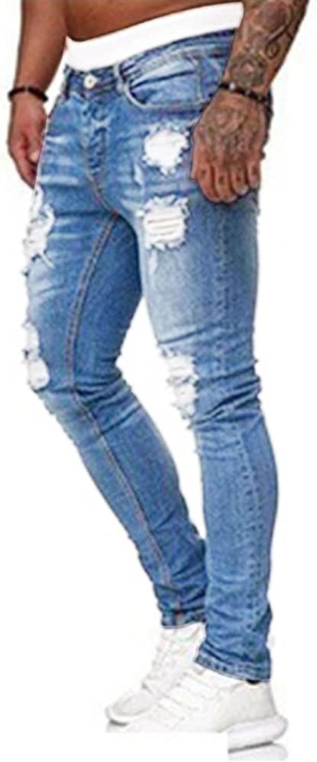 HUNGSON Mens Blue Slim Fit Jeans with Destroyed Distressed Ripped Denim