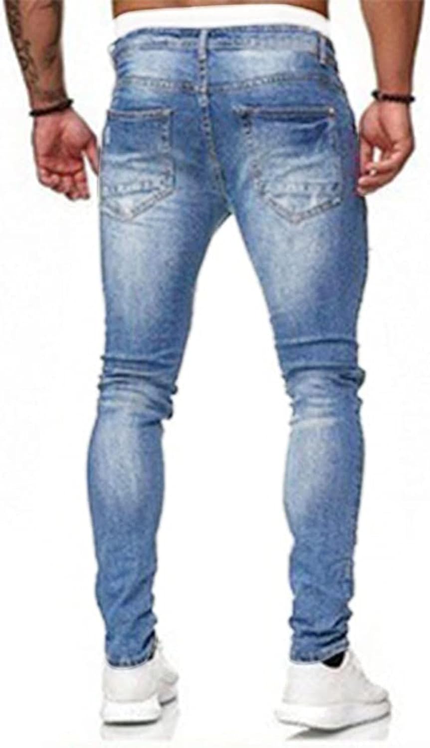 HUNGSON Mens Blue Slim Fit Jeans with Destroyed Distressed Ripped Denim