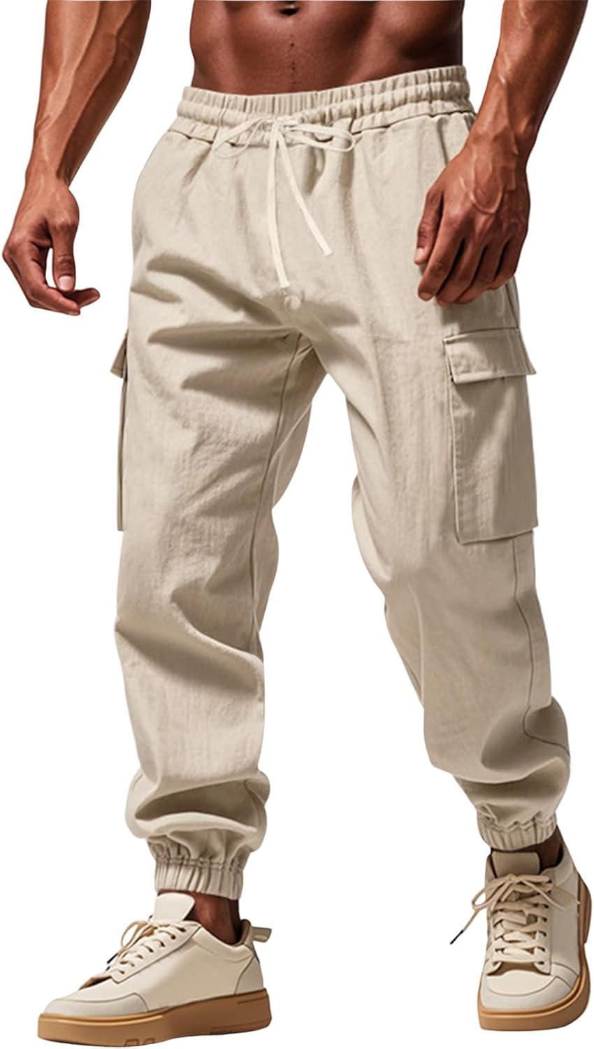 Linen Cargo Pants Elastic Waist Multi-Pockets