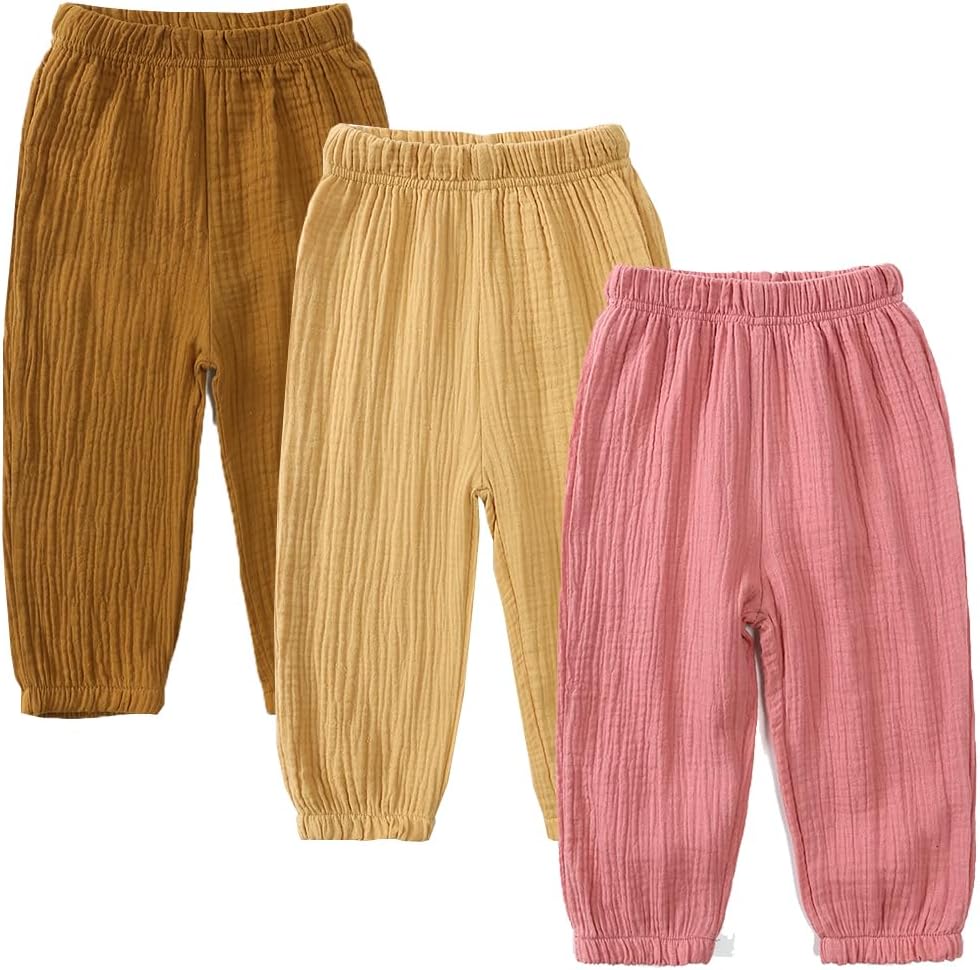 GFQLONG 3-Piece Elastic Waist Linen Pants for Toddler Girls