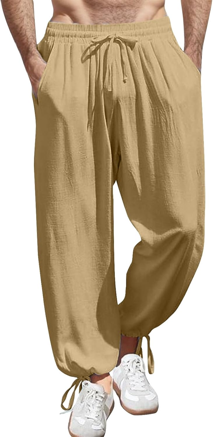 Elastic Waist Cotton Linen Pants Ankle Length Baggy Style