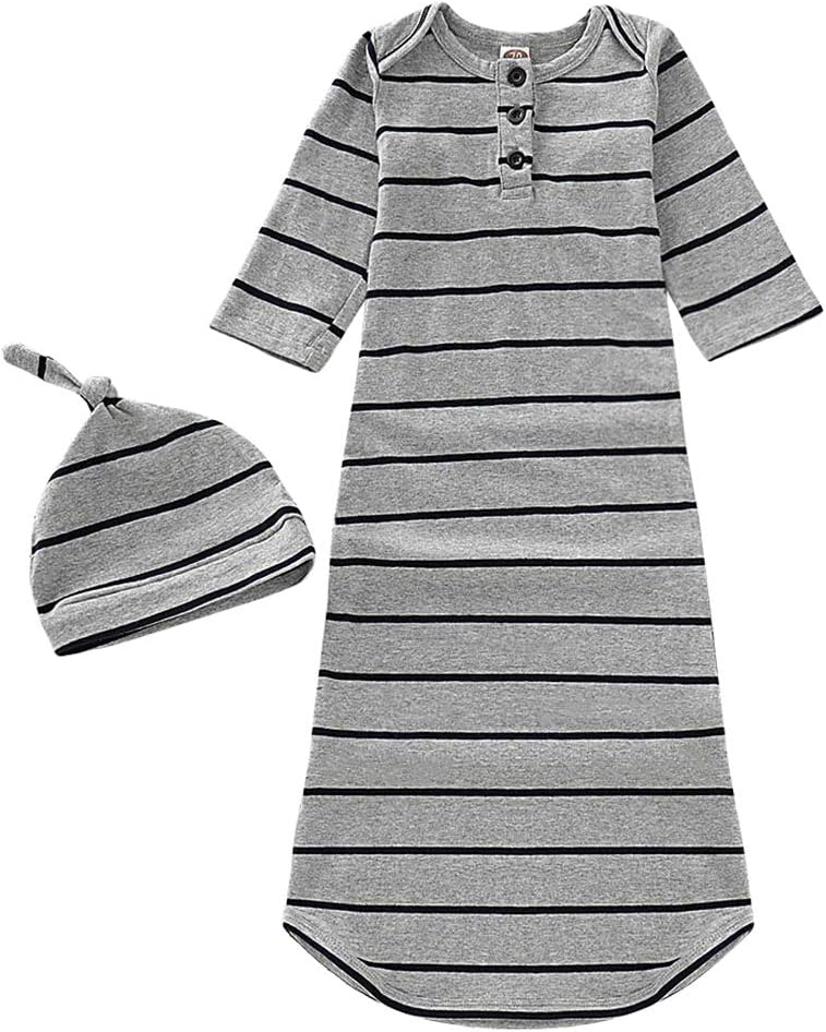 COLOOM Newborn Sleep Gown with Cap - Grey Striped 0-6Months