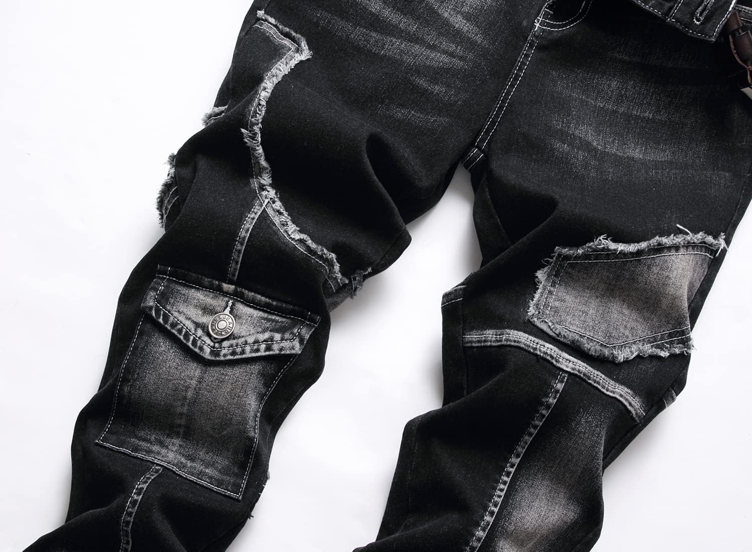 Mens Biker Moto Washed Distressed Slim Fit Straight Jeans