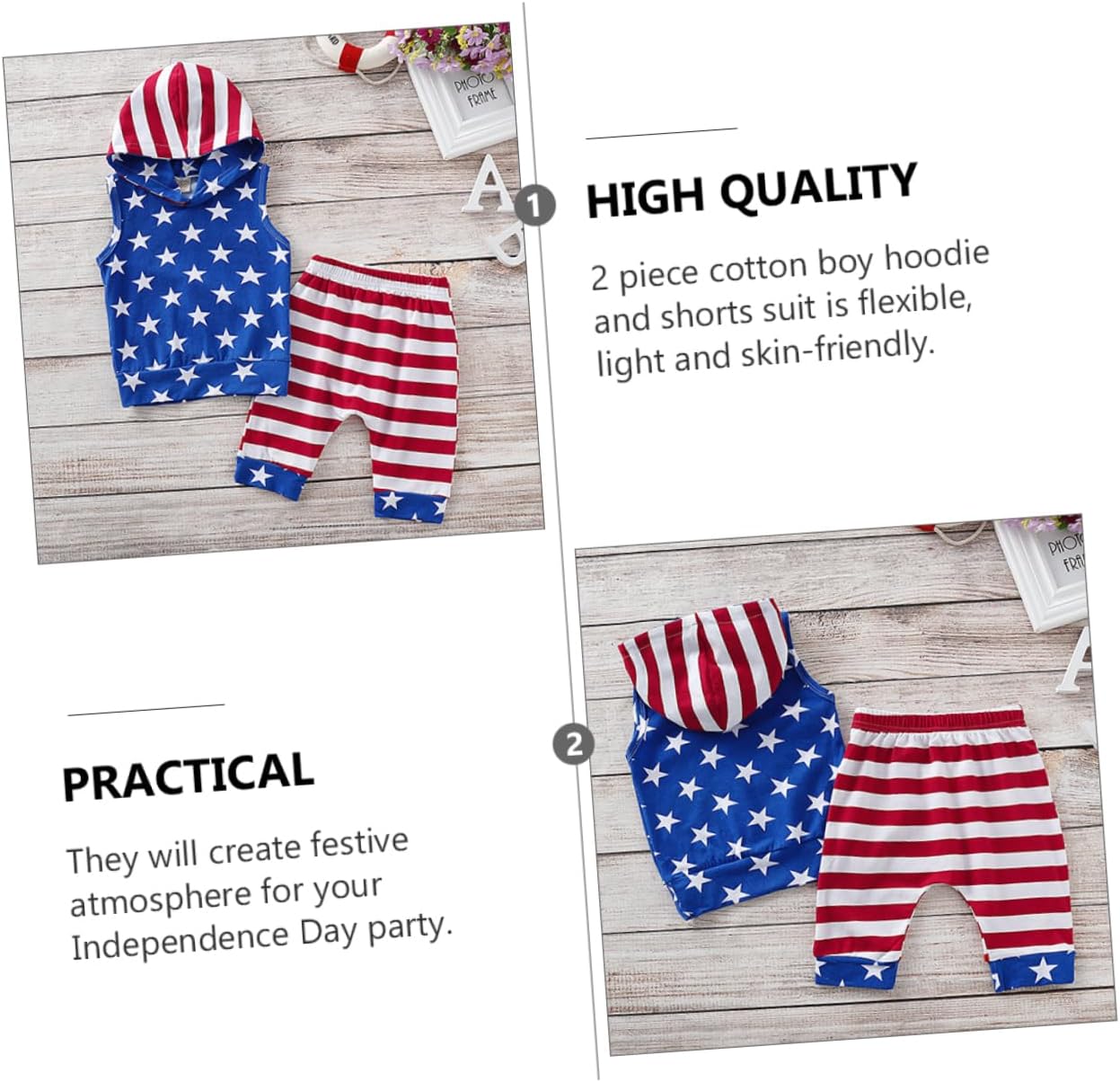 Boys Independence Day Costume Set - Patriotic Sleeveless Hoodie Shorts