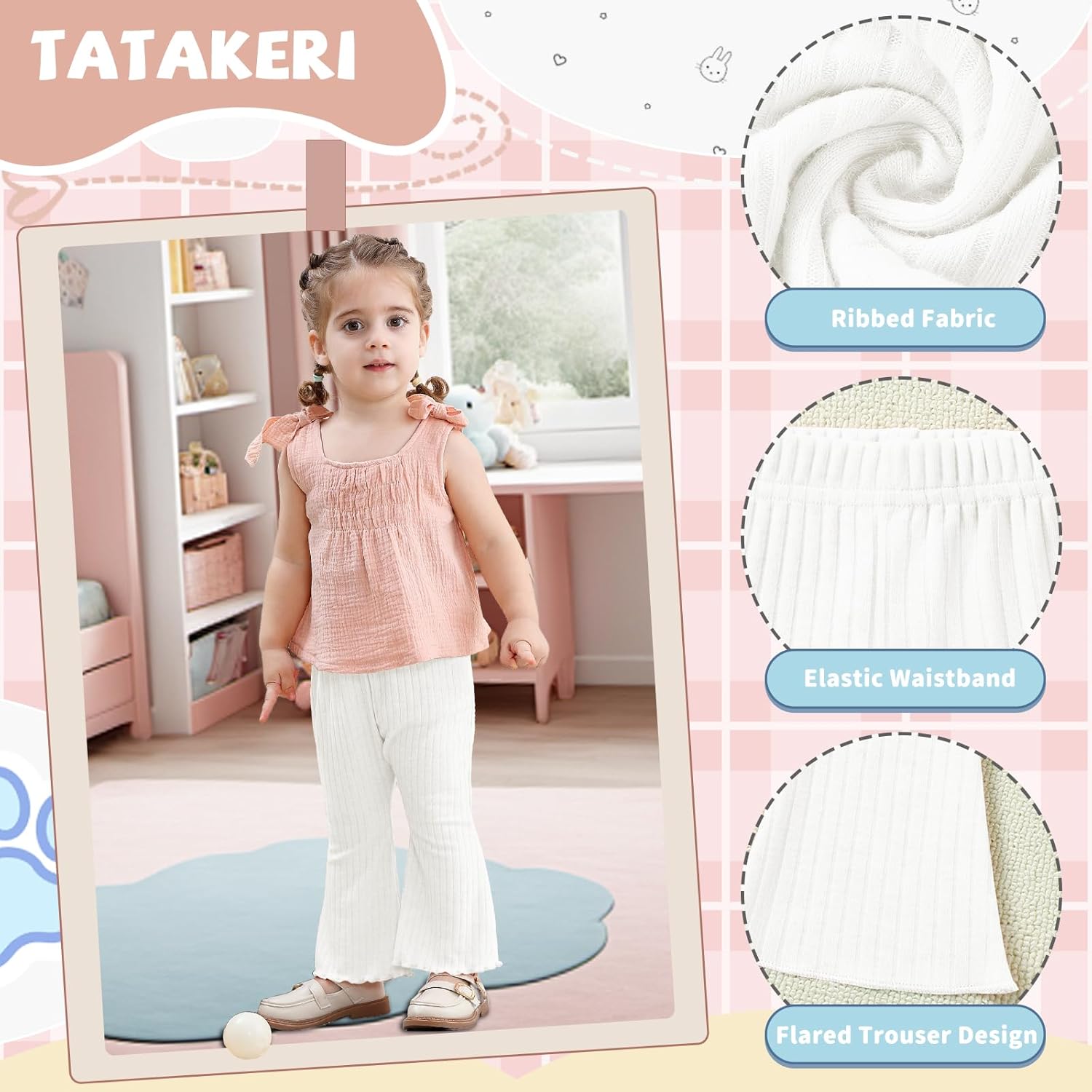 TATAKERI 3-Piece Baby Girl Flared Pants Set Solid Ruffled Ribbed