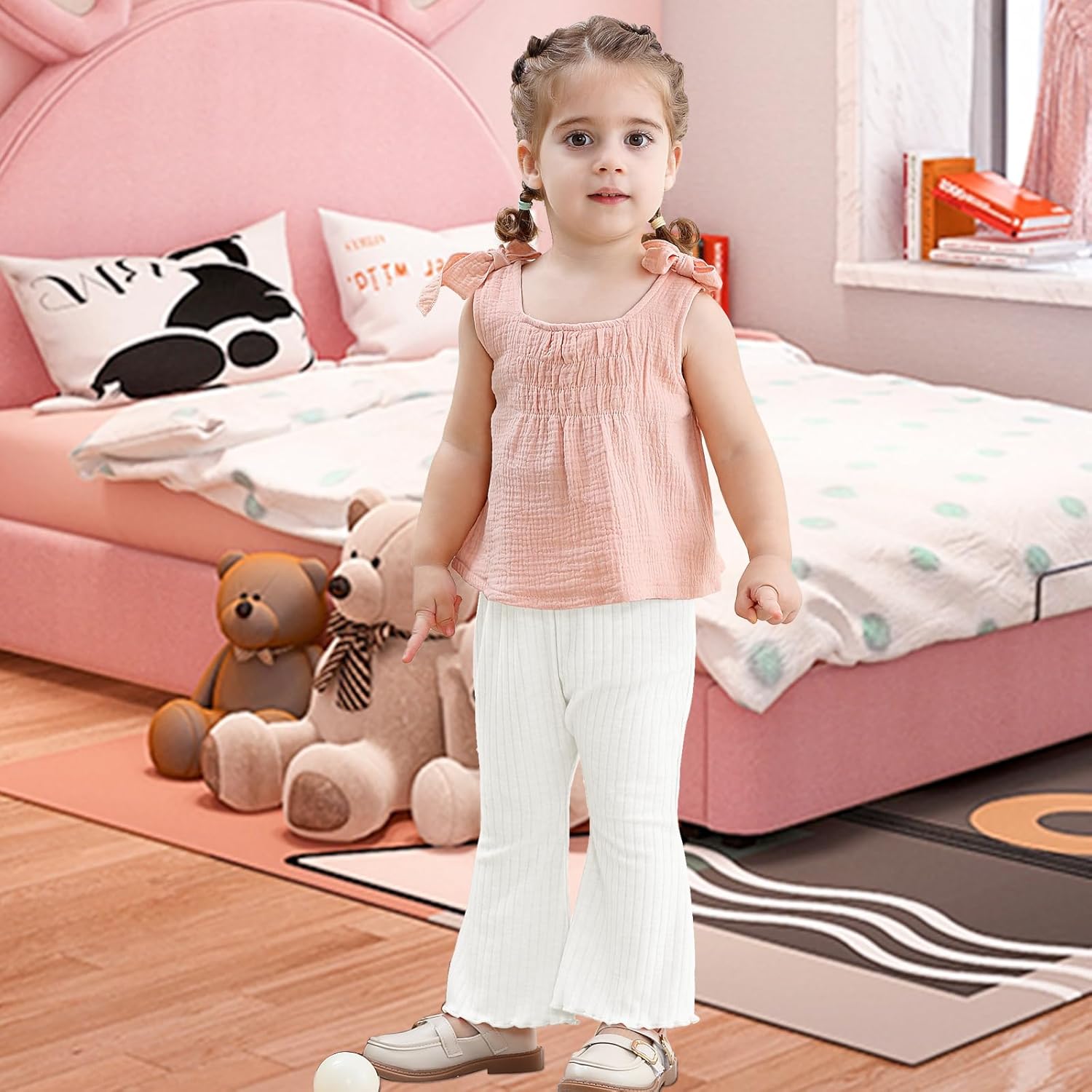 TATAKERI 3-Piece Baby Girl Flared Pants Set Solid Ruffled Ribbed
