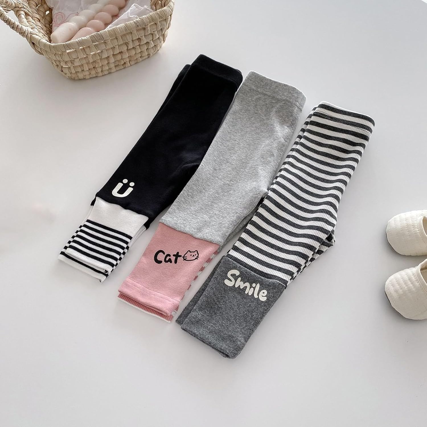 Girls Children Full-Length Plain Cotton Leggings High Waisted Stripes