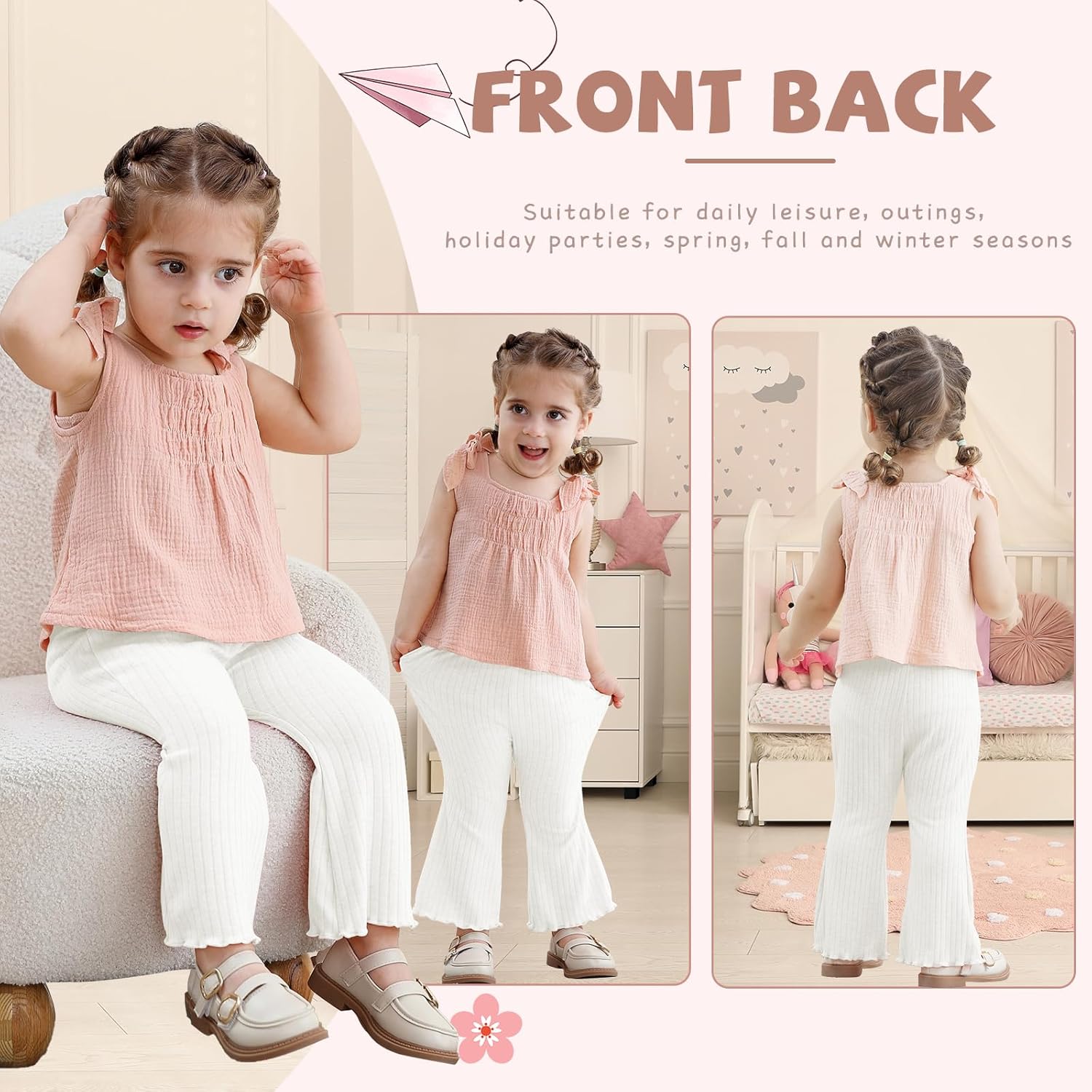 TATAKERI 3-Piece Baby Girl Flared Pants Set Solid Ruffled Ribbed