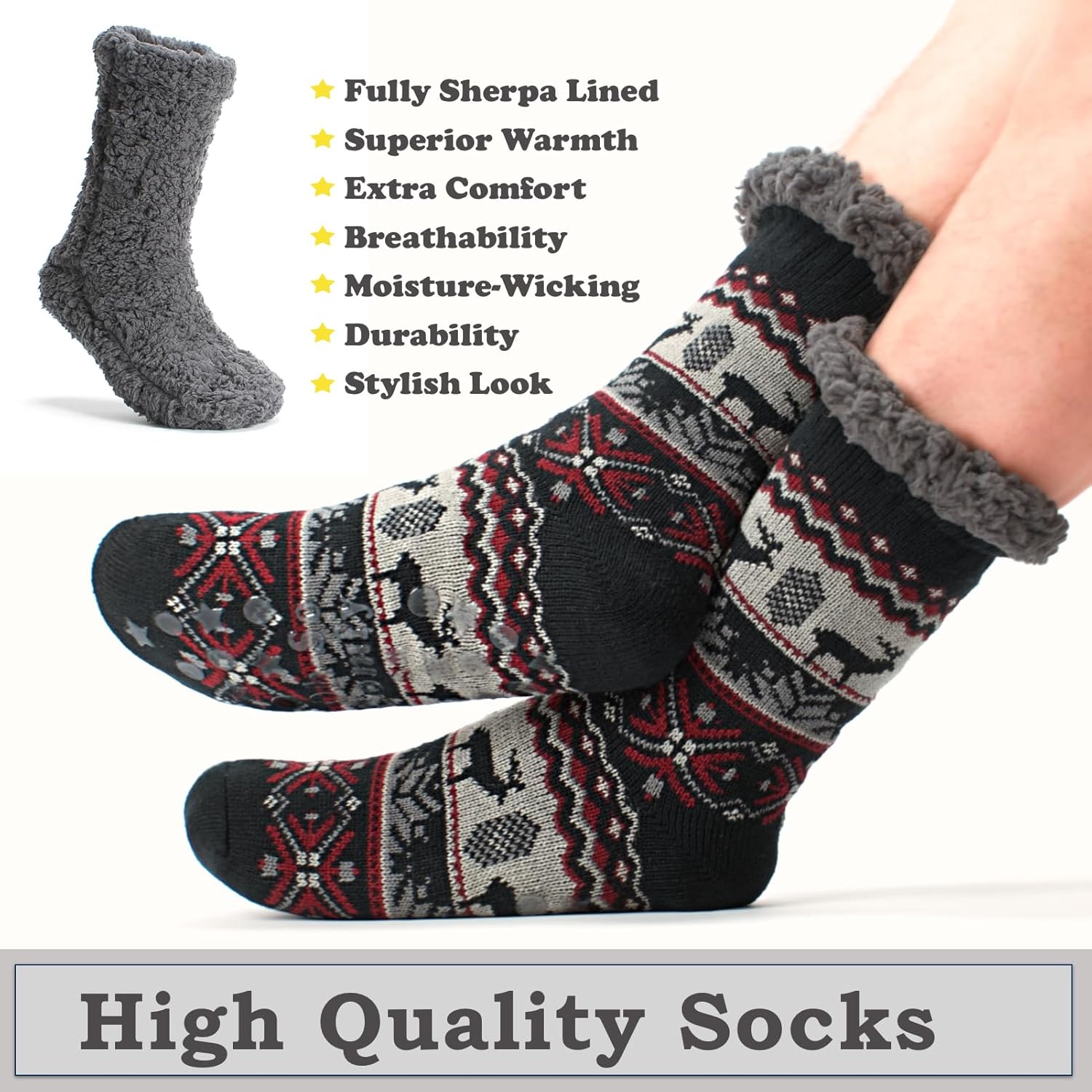 Mens Thermal Fuzzy Sherpa Lining Slipper Socks with Non-Slip Grippers