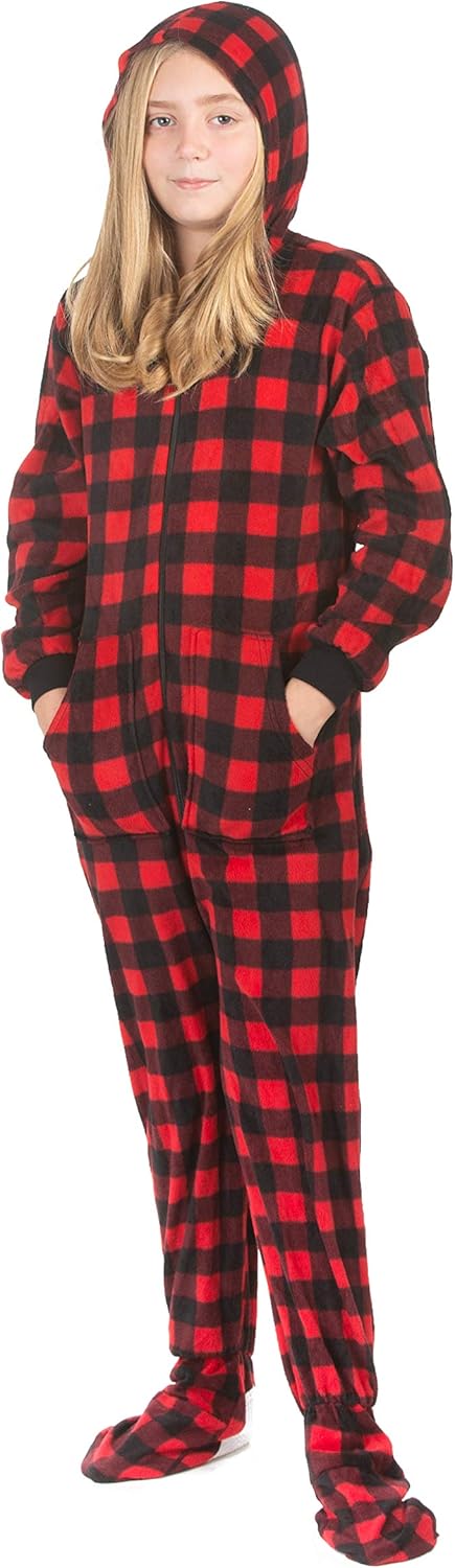 Big Feet Pajama buffalo plaid hoodie onesie for boys and girls