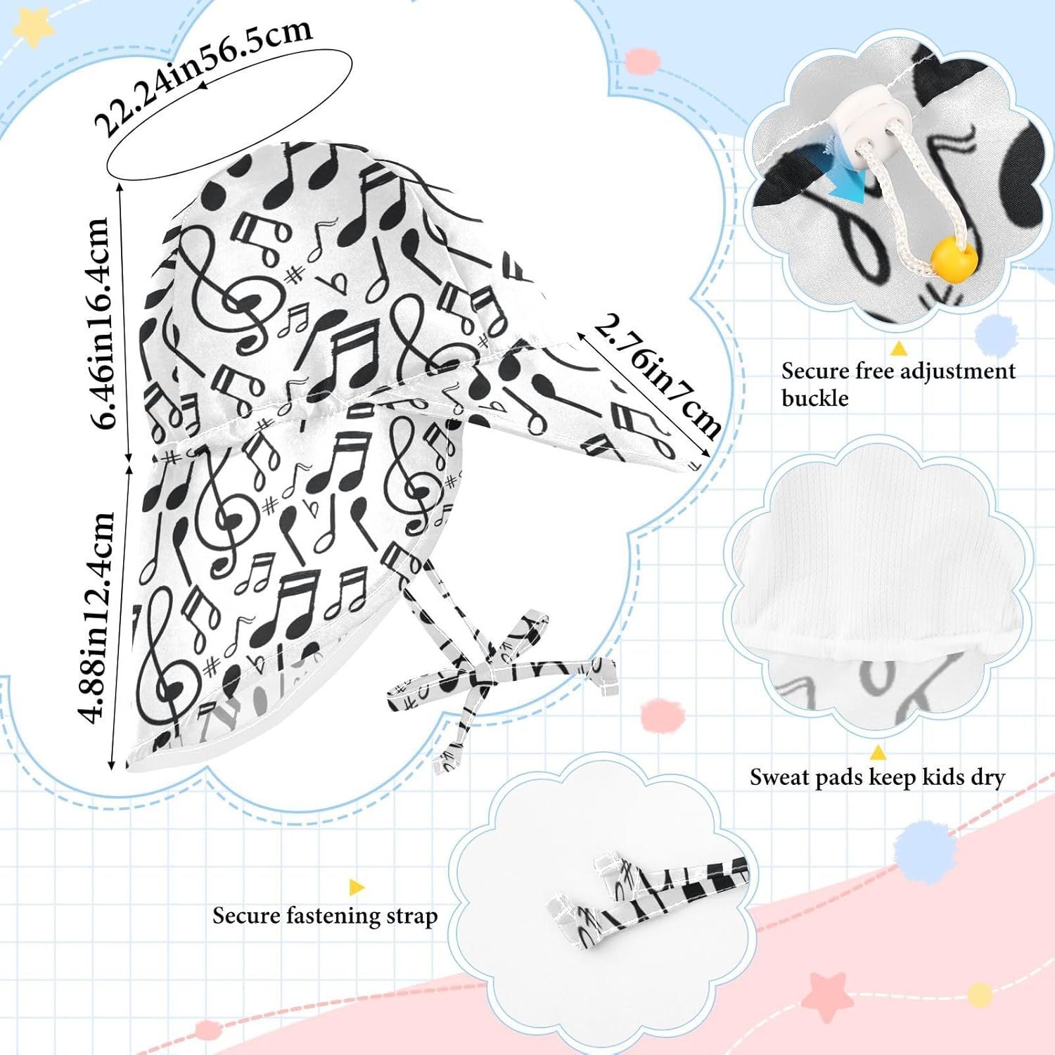 Perfect Baby Sun Hat for Music Note with Doodle Style 2-4T