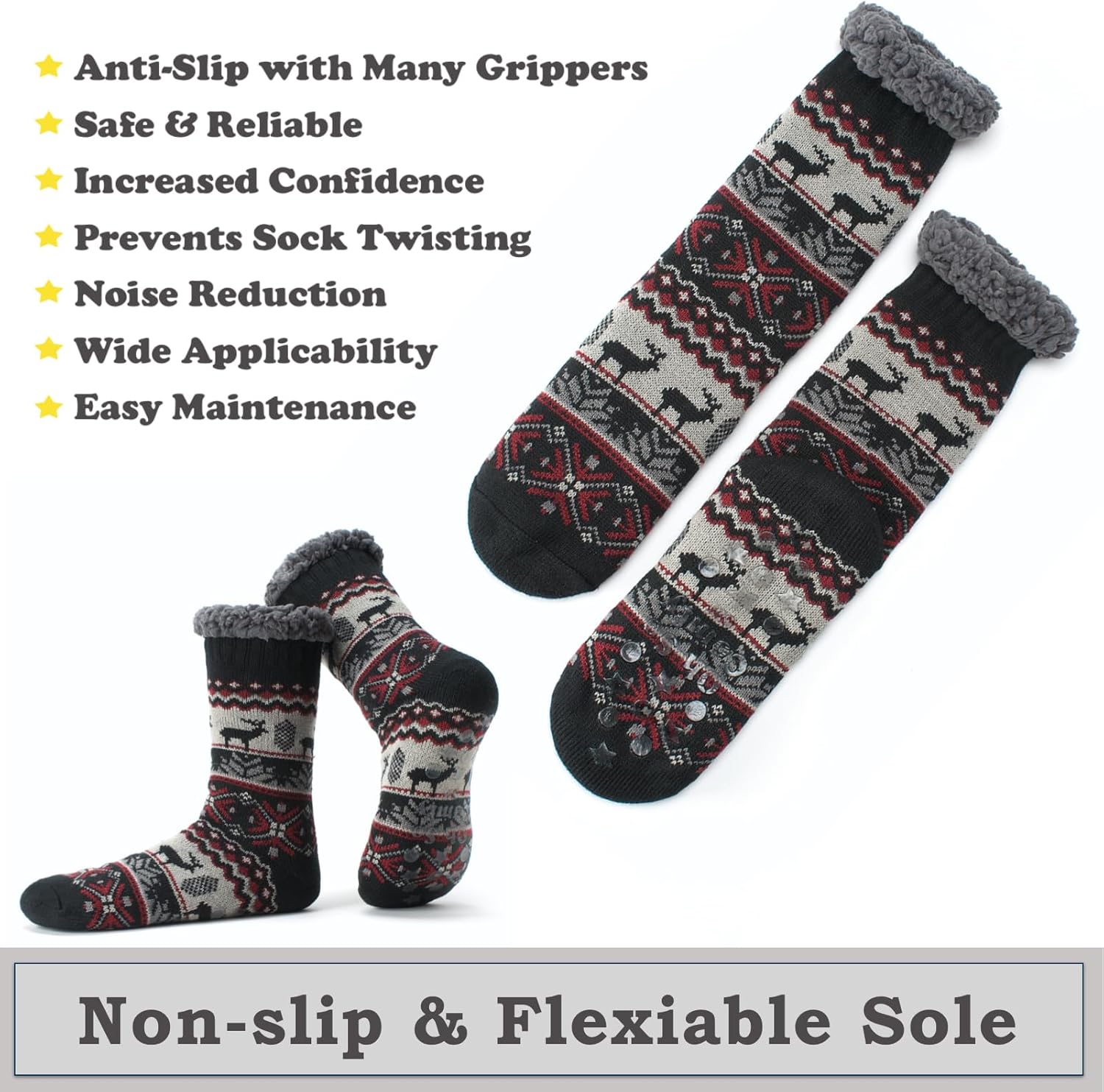 Mens Thermal Fuzzy Sherpa Lining Slipper Socks with Non-Slip Grippers