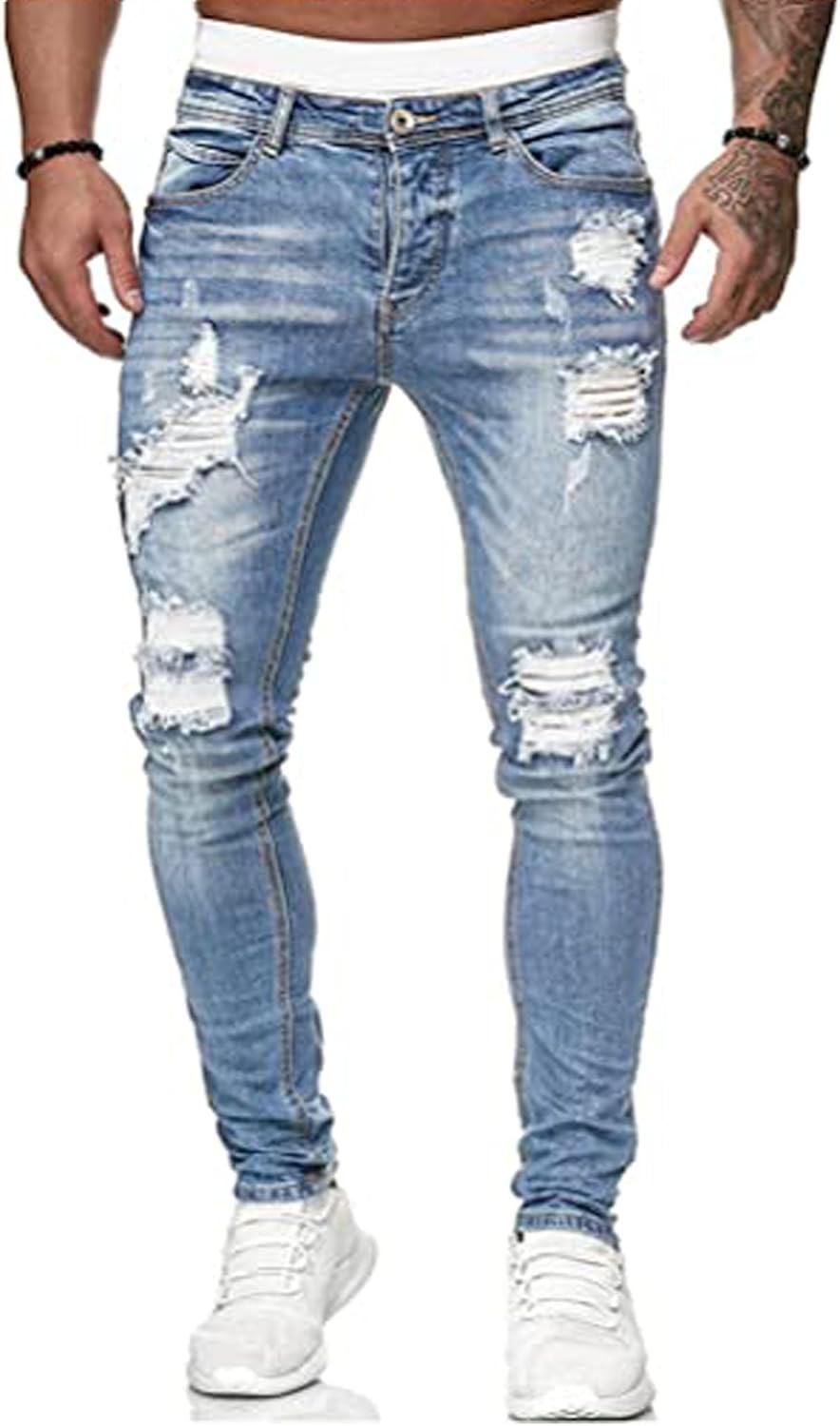 HUNGSON Mens Blue Slim Fit Jeans with Destroyed Distressed Ripped Denim