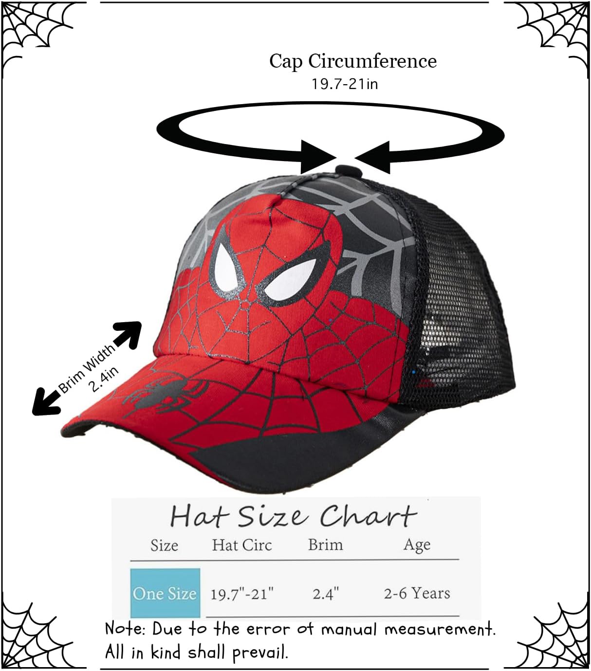 Unisex Kids Spidey Style Adjustable Baseball Cap for Boys and Girls