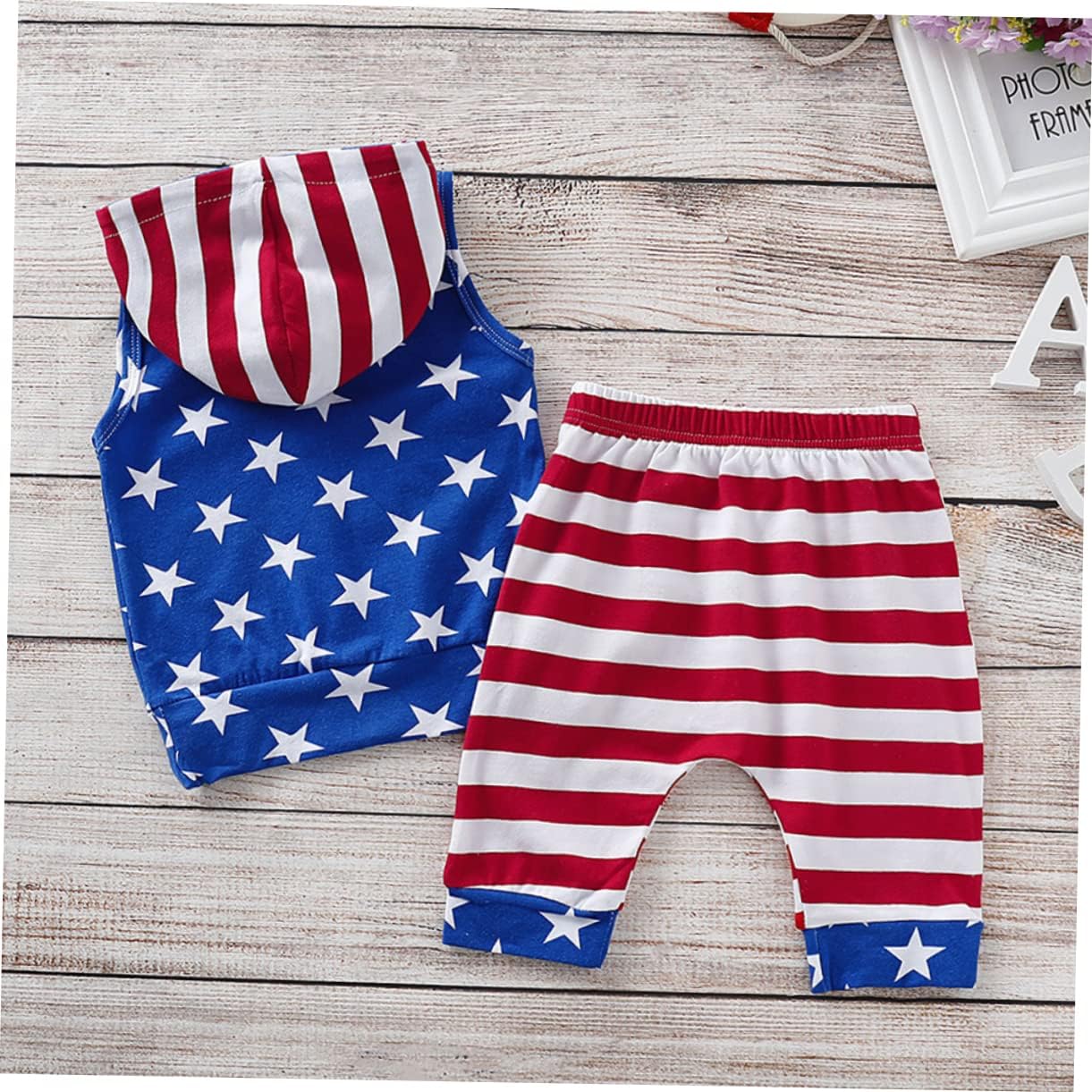 Boys Independence Day Costume Set - Patriotic Sleeveless Hoodie Shorts