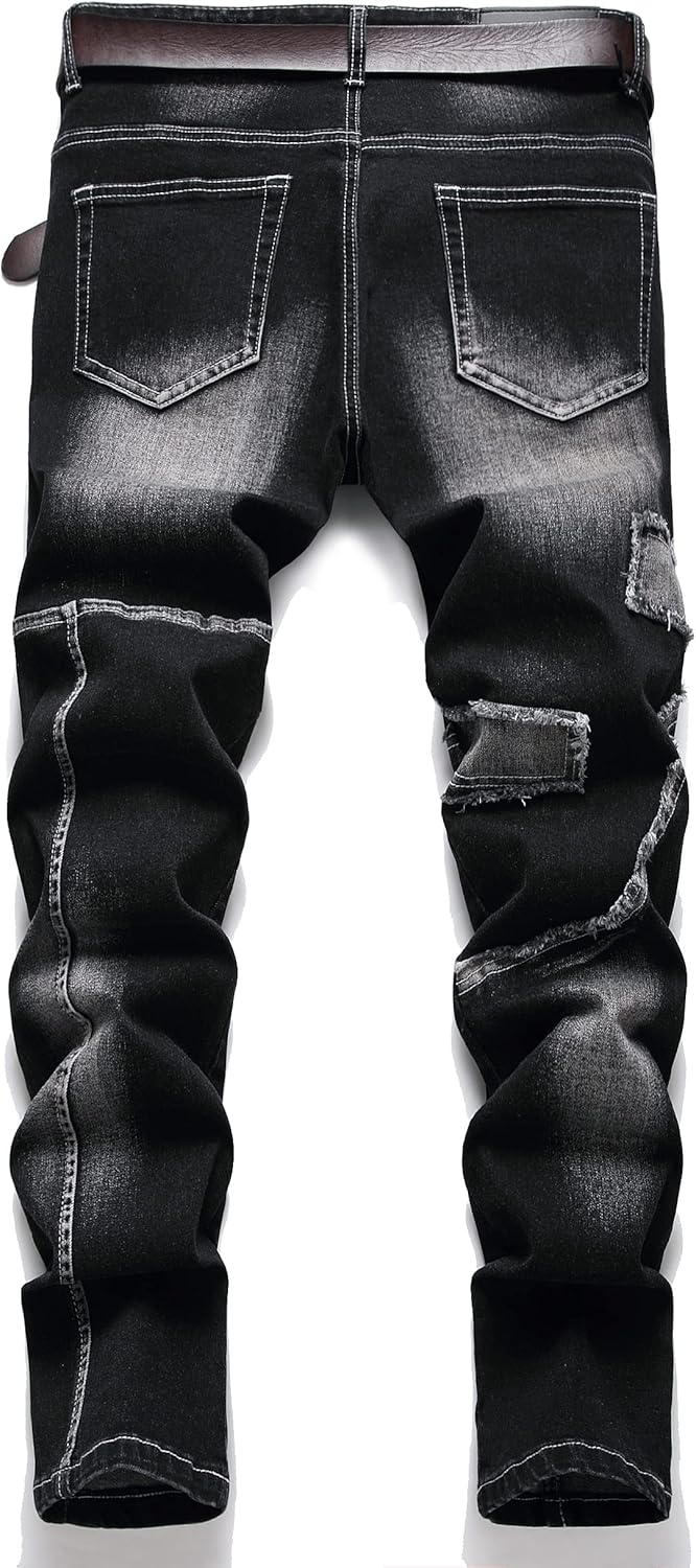 Mens Biker Moto Washed Distressed Slim Fit Straight Jeans