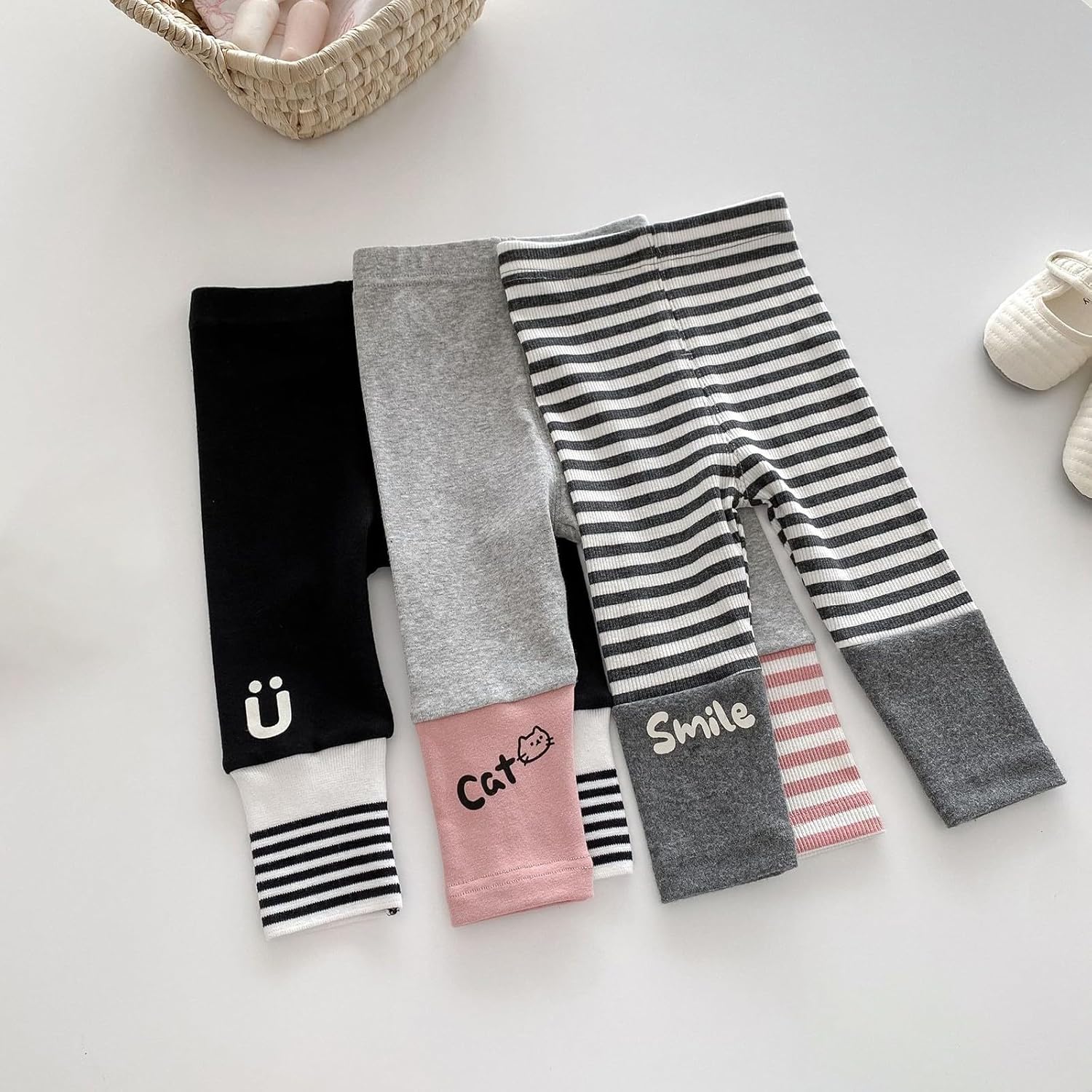 Girls Children Full-Length Plain Cotton Leggings High Waisted Stripes