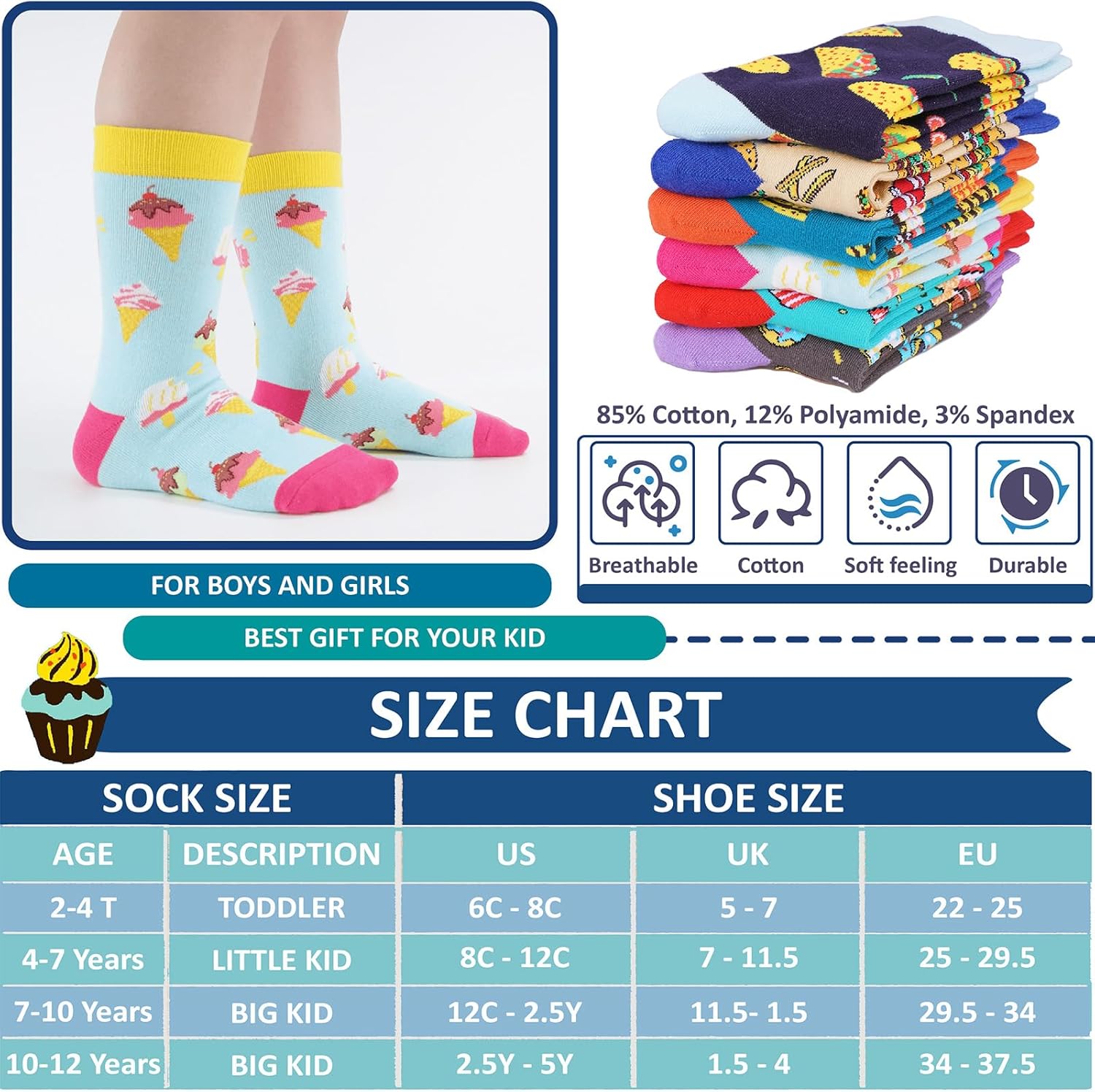 6-Pack Boys Girls Novelty Crew Socks for Kids