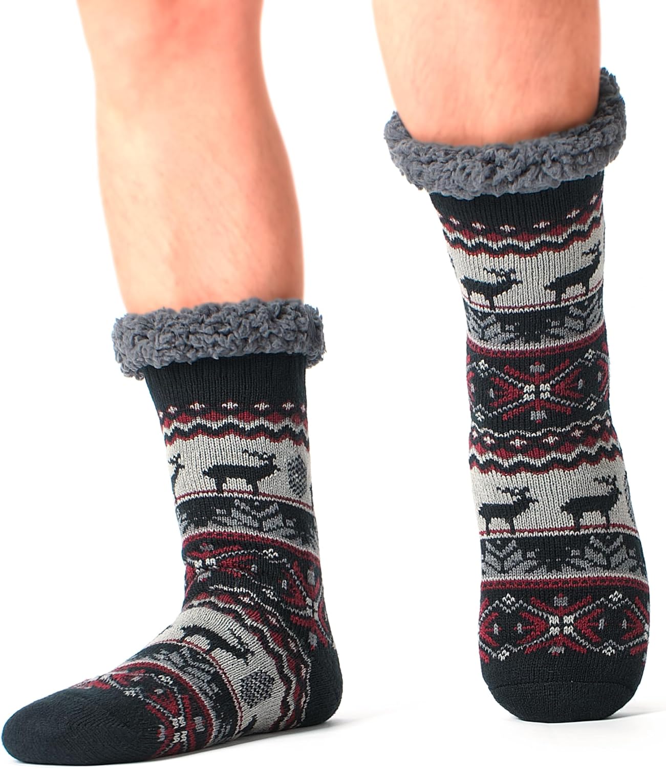 Mens Thermal Fuzzy Sherpa Lining Slipper Socks with Non-Slip Grippers