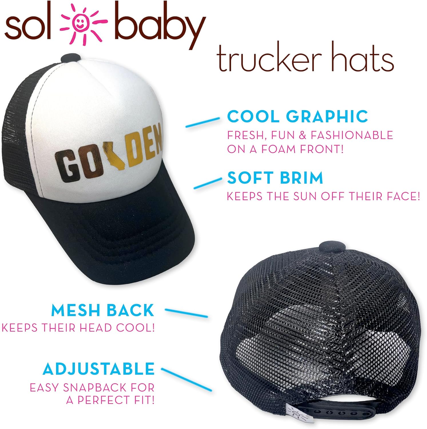 Sol Baby Golden Gold Foil Adjustable Snapback Mesh Trucker Hat