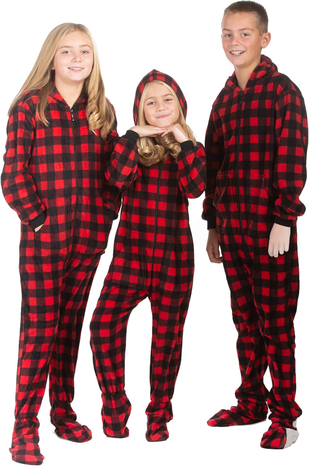 Big Feet Pajama buffalo plaid hoodie onesie for boys and girls