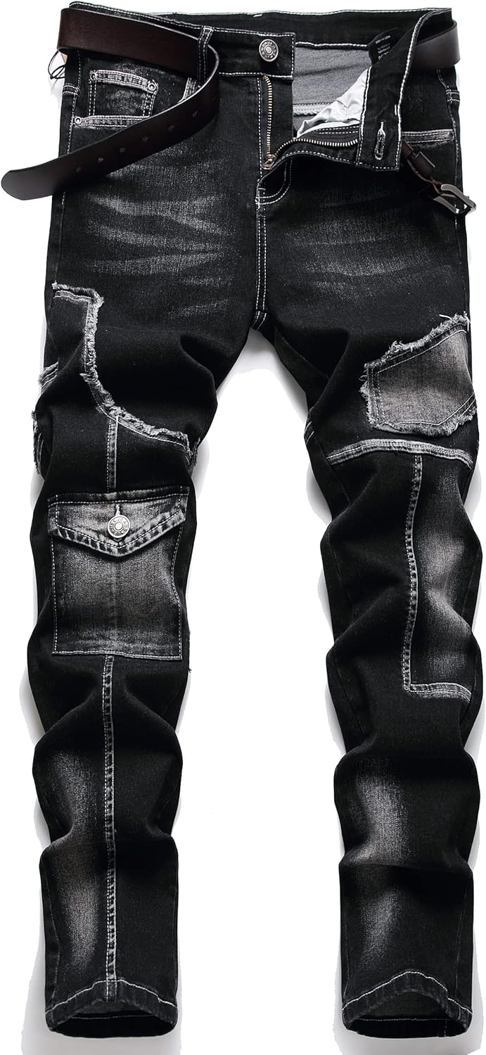 Mens Biker Moto Washed Distressed Slim Fit Straight Jeans
