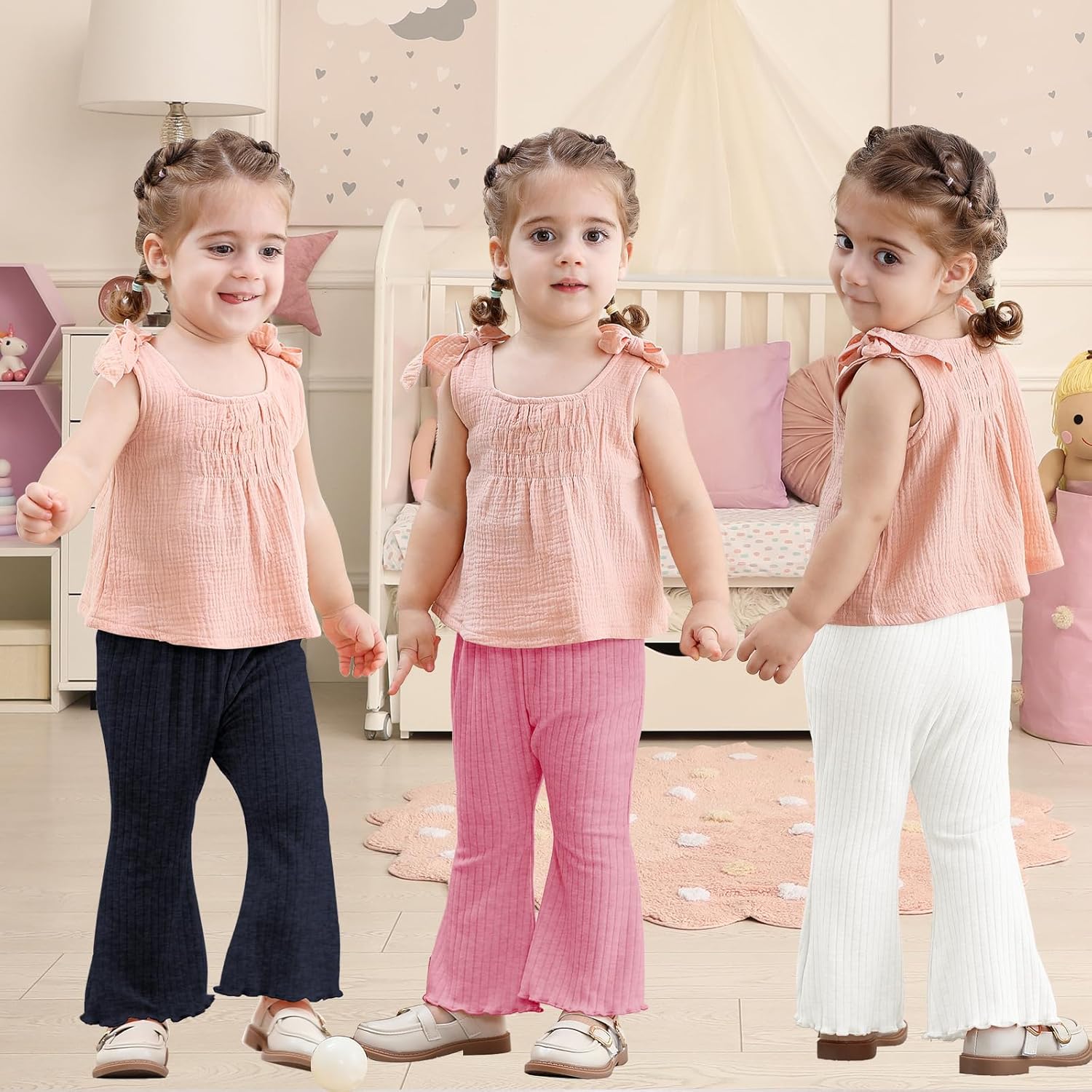 TATAKERI 3-Piece Baby Girl Flared Pants Set Solid Ruffled Ribbed