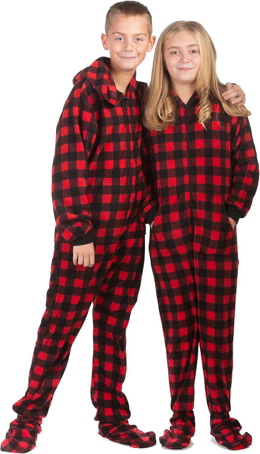 Big Feet Pajama buffalo plaid hoodie onesie for boys and girls
