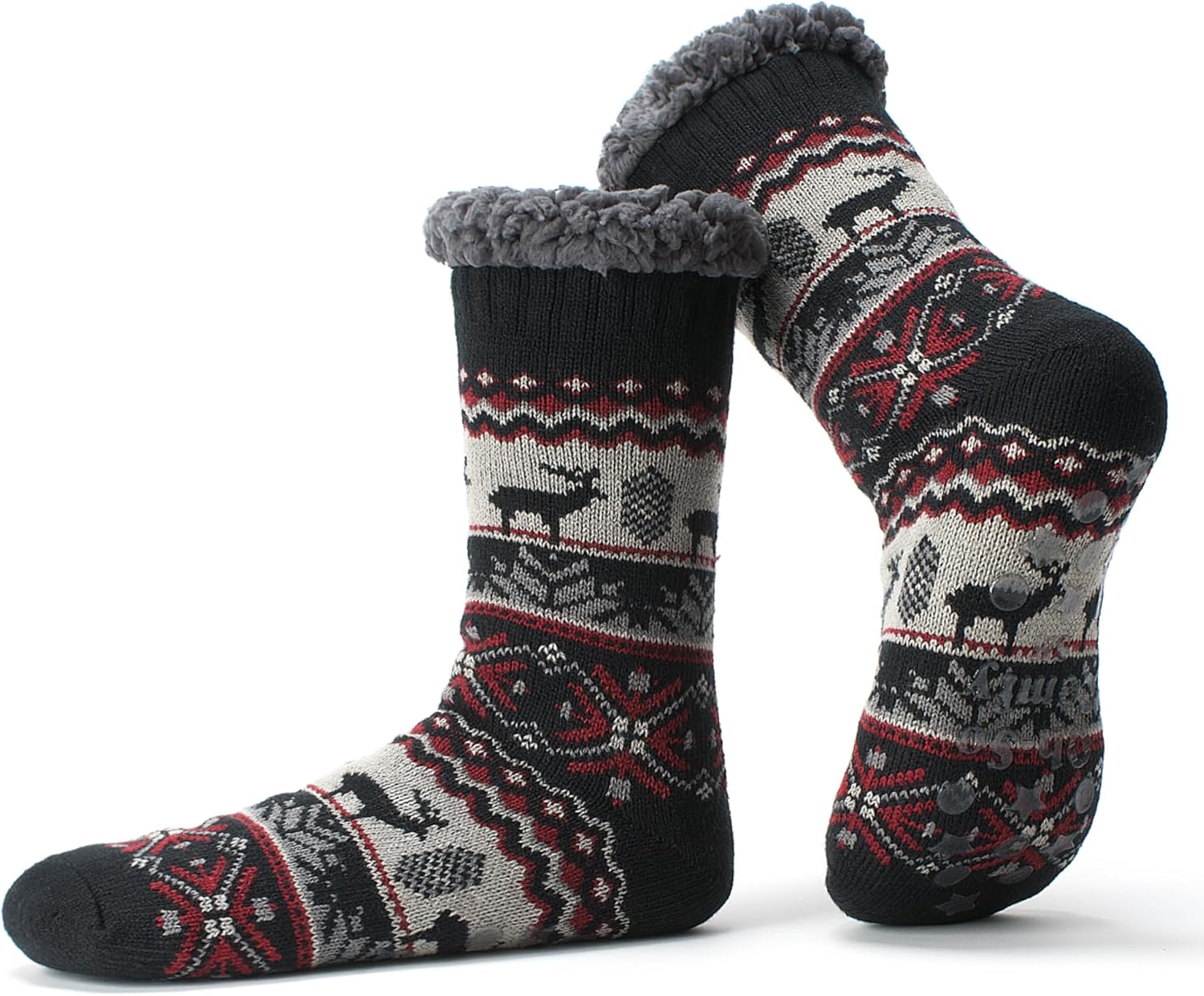 Mens Thermal Fuzzy Sherpa Lining Slipper Socks with Non-Slip Grippers